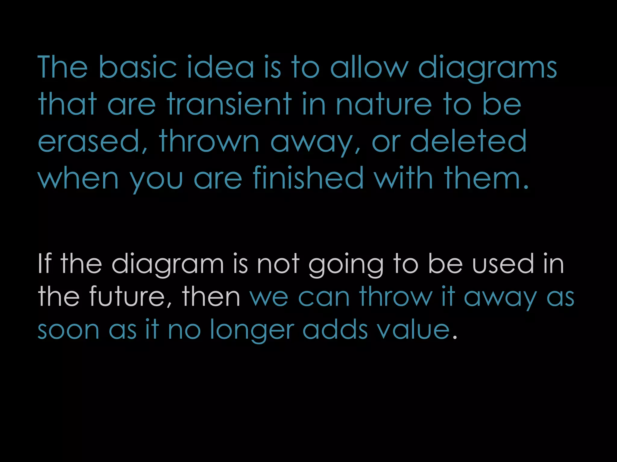 The basic idea is to allow diagrams
that are transient in nature to be
erased, thrown away, or deleted
when you are finished with them.
If the diagram is not going to be used in
the future, then we can throw it away as
soon as it no longer adds value.
74
 