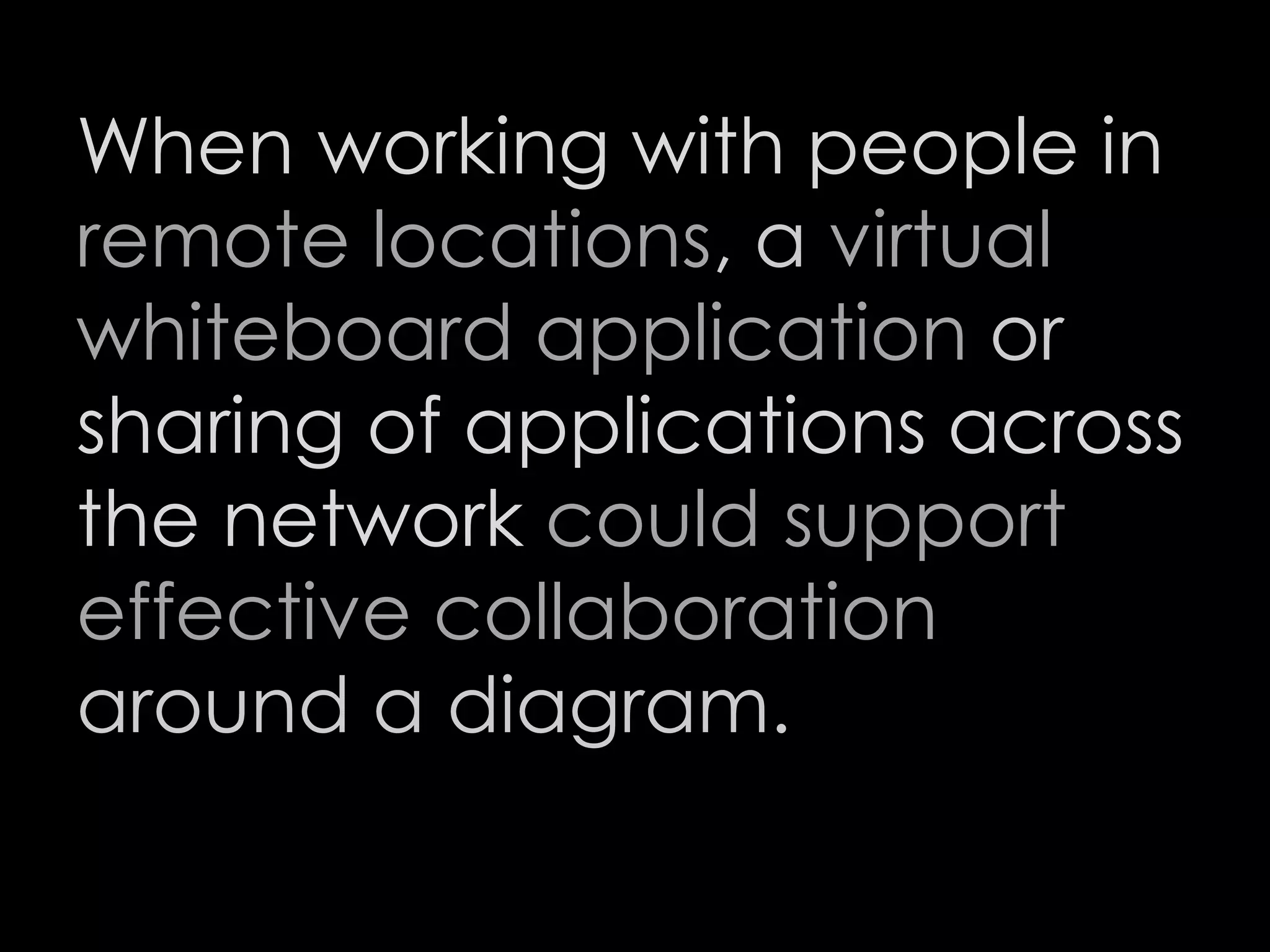 When working with people in
remote locations, a virtual
whiteboard application or
sharing of applications across
the network could support
effective collaboration
around a diagram.
76
 