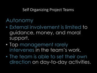 Self Organizing Project Teams
Autonomy
• External involvement is limited to
guidance, money, and moral
support.
• Top management rarely
intervenes in the team’s work.
• The team is able to set their own
direction on day-to-day activities.
52
 