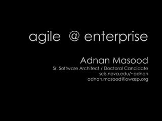 agile @ enterprise
Adnan Masood
Sr. Software Architect / Doctoral Candidate
scis.nova.edu/~adnan
adnan.masood@owasp.org
 