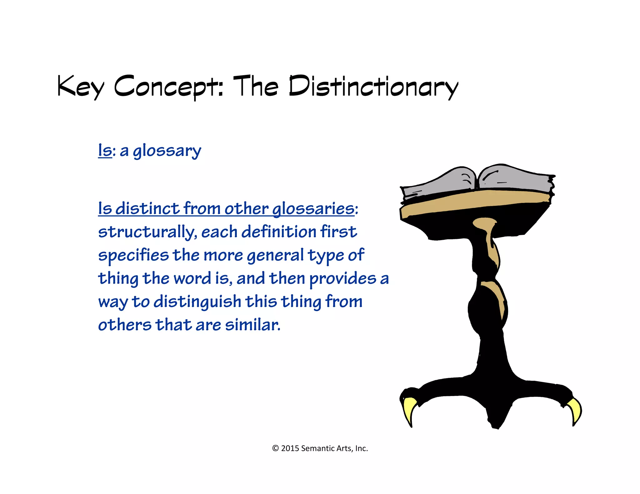 ︀︀
Key Concept: The DistinctionaryKey Concept: The DistinctionaryKey Concept: The DistinctionaryKey Concept: The Distinctionary
Is: a glossary
Is distinct from other glossaries:
structurally, each definition first
specifies the more general type of
© 2015 Semantic Arts, Inc.
specifies the more general type of
thing the word is, and then provides a
way to distinguish this thing from
others that are similar.
 