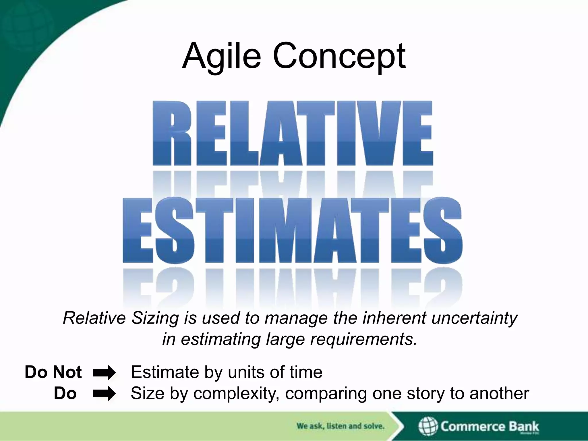 Agile Concept

Relative Sizing is used to manage the inherent uncertainty
in estimating large requirements.

Do Not
Do

Estimate by units of time
Size by complexity, comparing one story to another

 