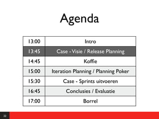 Agenda
     13:00                 Intro
     13:45     Case - Visie / Release Planning
     14:45                 Kofﬁe
     15:00   Iteration Planning / Planning Poker
     15:30        Case - Sprints uitvoeren
     16:45         Conclusies / Evaluatie
     17:00                 Borrel

22
 