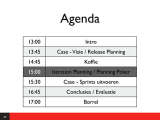 Agenda
     13:00                 Intro
     13:45     Case - Visie / Release Planning
     14:45                 Kofﬁe
     15:00   Iteration Planning / Planning Poker
     15:30        Case - Sprints uitvoeren
     16:45         Conclusies / Evaluatie
     17:00                 Borrel

24
 