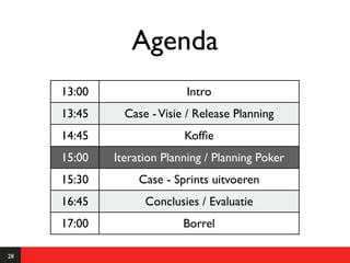 Agenda
     13:00                 Intro
     13:45     Case - Visie / Release Planning
     14:45                 Kofﬁe
     15:00   Iteration Planning / Planning Poker
     15:30        Case - Sprints uitvoeren
     16:45         Conclusies / Evaluatie
     17:00                 Borrel

28
 