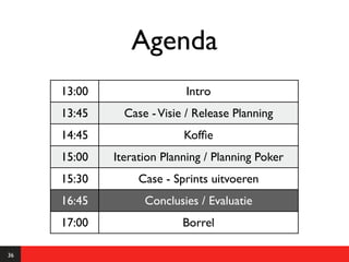 Agenda
     13:00                 Intro
     13:45     Case - Visie / Release Planning
     14:45                 Kofﬁe
     15:00   Iteration Planning / Planning Poker
     15:30        Case - Sprints uitvoeren
     16:45         Conclusies / Evaluatie
     17:00                 Borrel

36
 