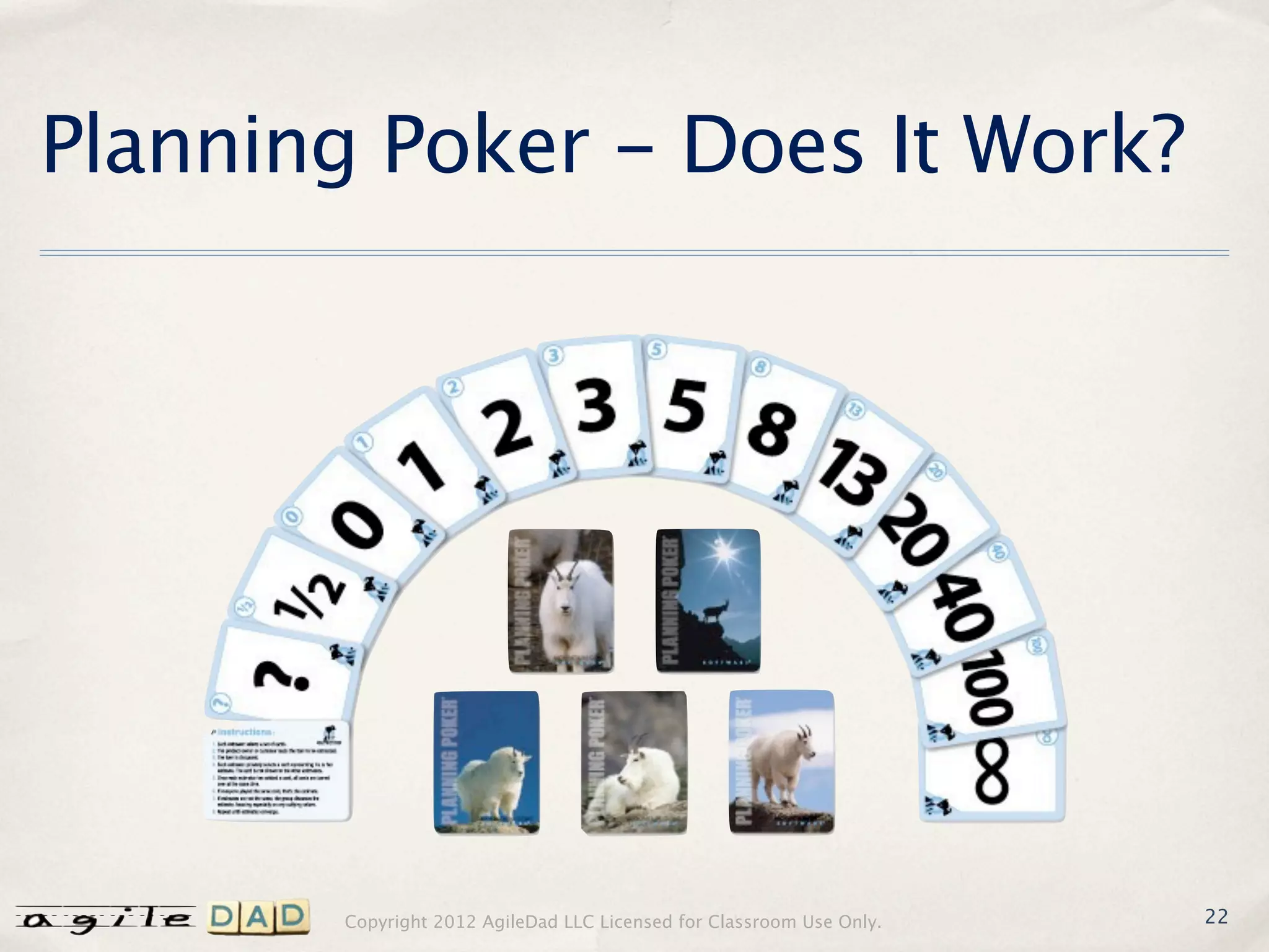 Planning Poker - Does It Work?




       Copyright 2012 AgileDad LLC Licensed for Classroom Use Only.   22
 