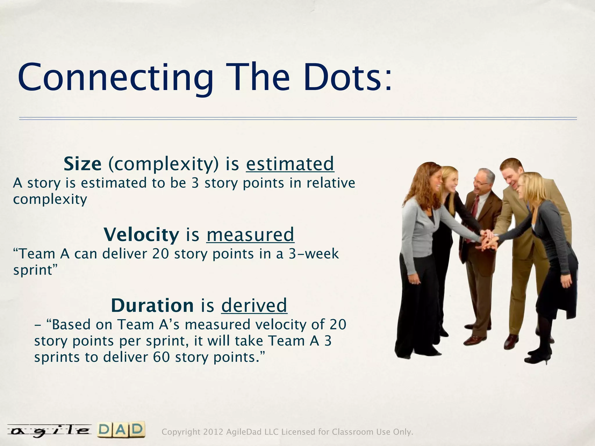 Connecting The Dots:

       Size (complexity) is estimated
A story is estimated to be 3 story points in relative
complexity

             Velocity is measured
“Team A can deliver 20 story points in a 3-week
sprint”

               Duration is derived
   - “Based on Team A’s measured velocity of 20
   story points per sprint, it will take Team A 3
   sprints to deliver 60 story points.”




                       Copyright 2012 AgileDad LLC Licensed for Classroom Use Only.
 