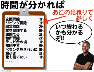時間が分かれば
                                  あとの見積りで
          玄関掃除           11hh           詳しく
          リビング掃除         33h...