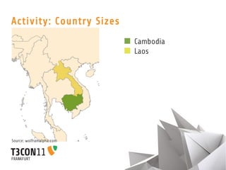 Activity: Country Sizes
                           Cambodia
                           Laos




Source: wolframalpha.com
 