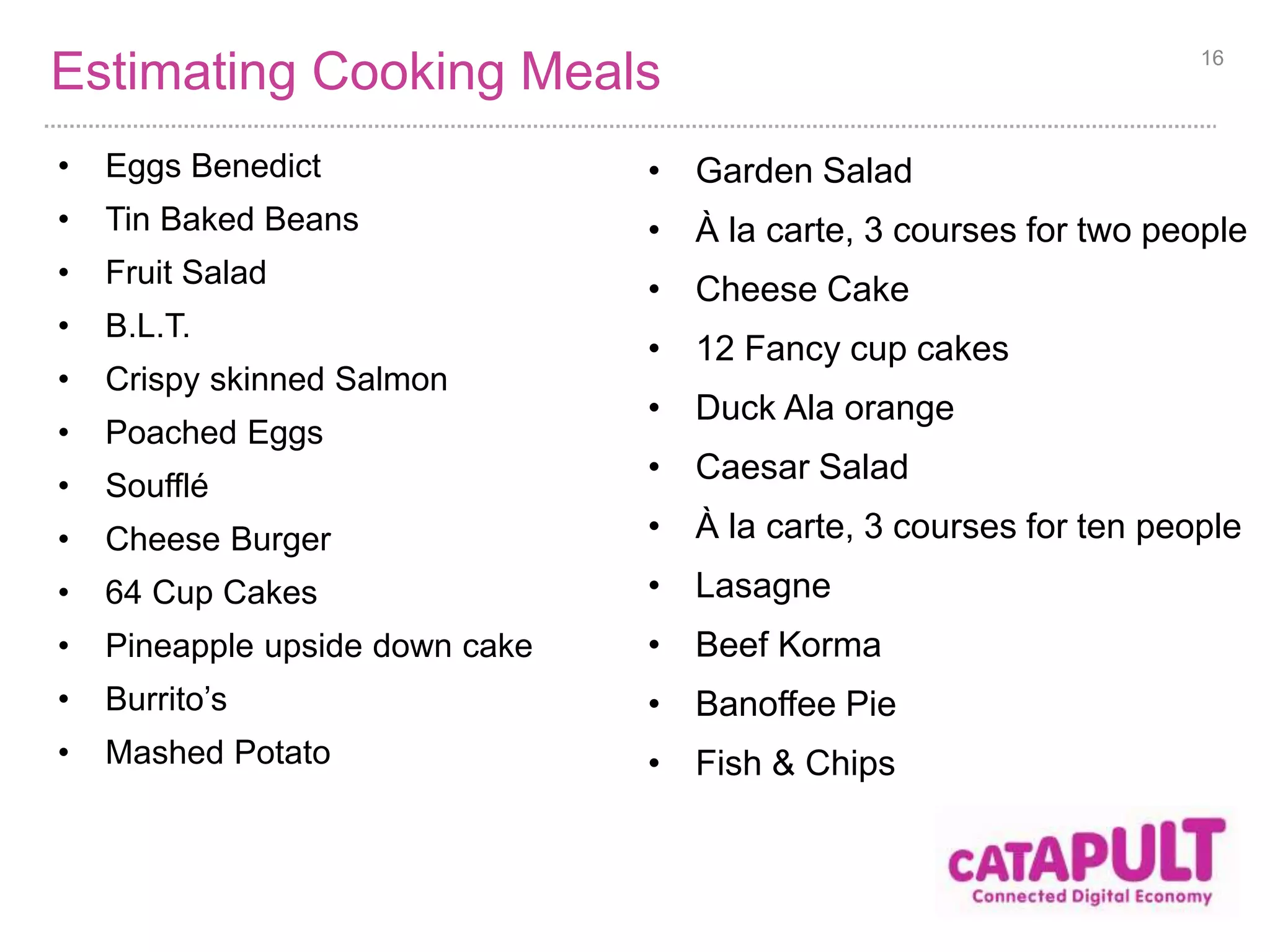 Estimating Cooking Meals 
• Eggs Benedict 
• Tin Baked Beans 
• Fruit Salad 
• B.L.T. 
• Crispy skinned Salmon 
• Poached Eggs 
• Soufflé 
• Cheese Burger 
• 64 Cup Cakes 
• Pineapple upside down cake 
• Burrito’s 
• Mashed Potato 
16 
• Garden Salad 
• À la carte, 3 courses for two people 
• Cheese Cake 
• 12 Fancy cup cakes 
• Duck Ala orange 
• Caesar Salad 
• À la carte, 3 courses for ten people 
• Lasagne 
• Beef Korma 
• Banoffee Pie 
• Fish & Chips 
 