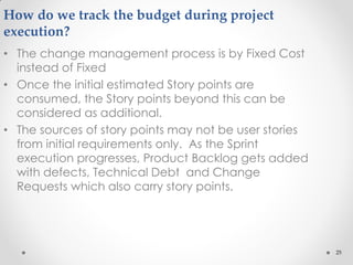 25
How do we track the budget during project
execution?
• The change management process is by Fixed Cost
instead of Fixed
• Once the initial estimated Story points are
consumed, the Story points beyond this can be
considered as additional.
• The sources of story points may not be user stories
from initial requirements only. As the Sprint
execution progresses, Product Backlog gets added
with defects, Technical Debt and Change
Requests which also carry story points.
 