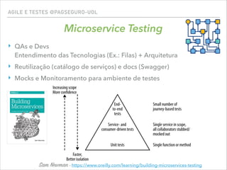 AGILE E TESTES @PAGSEGURO-UOL
Microservice Testing
‣ QAs e Devs 
Entendimento das Tecnologias (Ex.: Filas) + Arquitetura
‣ Reutilização (catálogo de serviços) e docs (Swagger)
‣ Mocks e Monitoramento para ambiente de testes
Sam Newman - https://www.oreilly.com/learning/building-microservices-testing
 