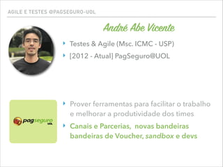 AGILE E TESTES @PAGSEGURO-UOL
‣ Testes & Agile (Msc. ICMC - USP)
‣ [2012 - Atual] PagSeguro@UOL
‣ Prover ferramentas para facilitar o trabalho
e melhorar a produtividade dos times
‣ Canais e Parcerias, novas bandeiras
bandeiras de Voucher, sandbox e devs
André Abe Vicente
 