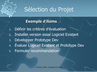 Sélection du Projet Définir les critères d’évaluation Installer version essai Logiciel Existant Développer Prototype Dev Évaluer Logiciel Existant et Prototype Dev Formuler recommandation Exemple d’items 