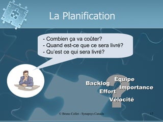 La Planification ? - Combien ça va coûter? - Quand est-ce que ce sera livré? - Qu’est ce qui sera livré? Backlog Équipe Importance Effort Vélocité 