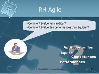 RH Agile ? - Comment évaluer un candidat? - Comment évaluer les performances d’un équipier? Équipe Aptitudes agiles Compétences Performances 
