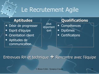 Le Recrutement Agile Désir de progresser Esprit d’équipe Orientation client Aptitudes de communication Compétences Diplômes Certifications Entrevues RH et technique  +  Rencontre avec l’équipe plus important que Aptitudes Qualifications 