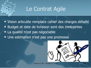 Le Contrat Agile Vision articulée remplace cahier des charges détaillé Budget et date de livraison sont des contraintes La qualité n’est pas négociable Une estimation n’est pas une promesse 