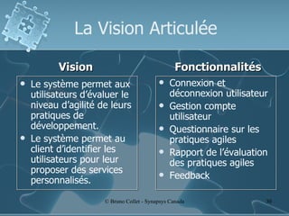 La Vision Articulée Le système permet aux utilisateurs d’évaluer le niveau d’agilité de leurs pratiques de développement. Le système permet au client d’identifier les utilisateurs pour leur proposer des services personnalisés. Connexion et déconnexion utilisateur Gestion compte utilisateur Questionnaire sur les pratiques agiles Rapport de l’évaluation des pratiques agiles Feedback Vision Fonctionnalités 