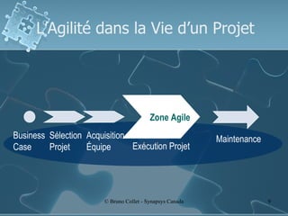 L’Agilité dans la Vie d’un Projet Business Case Sélection Projet Zone Agile Exécution Projet Maintenance Acquisition Équipe 