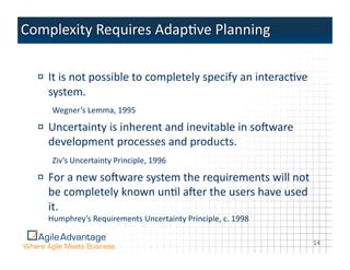!   It	
  is	
  not	
  possible	
  to	
  completely	
  specify	
  an	
  interacAve	
  
    system.	
  
    Wegner’s	
  Lemma,	
  1995	
  

!   Uncertainty	
  is	
  inherent	
  and	
  inevitable	
  in	
  soqware	
  
    development	
  processes	
  and	
  products.	
  
    Ziv’s	
  Uncertainty	
  Principle,	
  1996	
  

!   For	
  a	
  new	
  soqware	
  system	
  the	
  requirements	
  will	
  not	
  
    be	
  completely	
  known	
  unAl	
  aqer	
  the	
  users	
  have	
  used	
  
    it.	
  
   Humphrey’s	
  Requirements	
  Uncertainty	
  Principle,	
  c.	
  1998	
  

                                                                                         14	
  
 