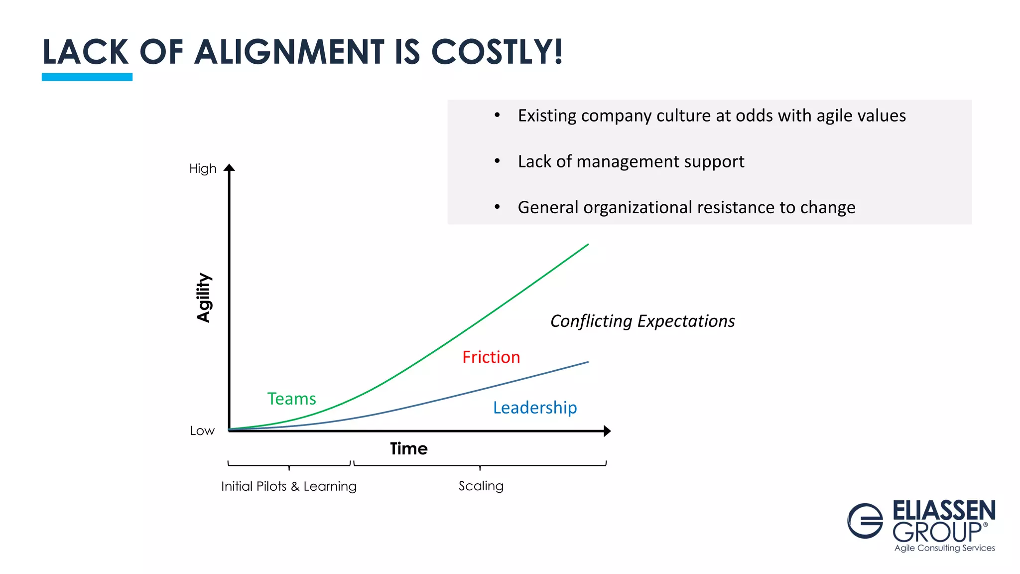 Initial Pilots & Learning Scaling
Teams Leadership
Time
LACK OF ALIGNMENT IS COSTLY!
Low
High
Agility
Friction
Conflicting Expectations
• Existing company culture at odds with agile values
• Lack of management support
• General organizational resistance to change
 