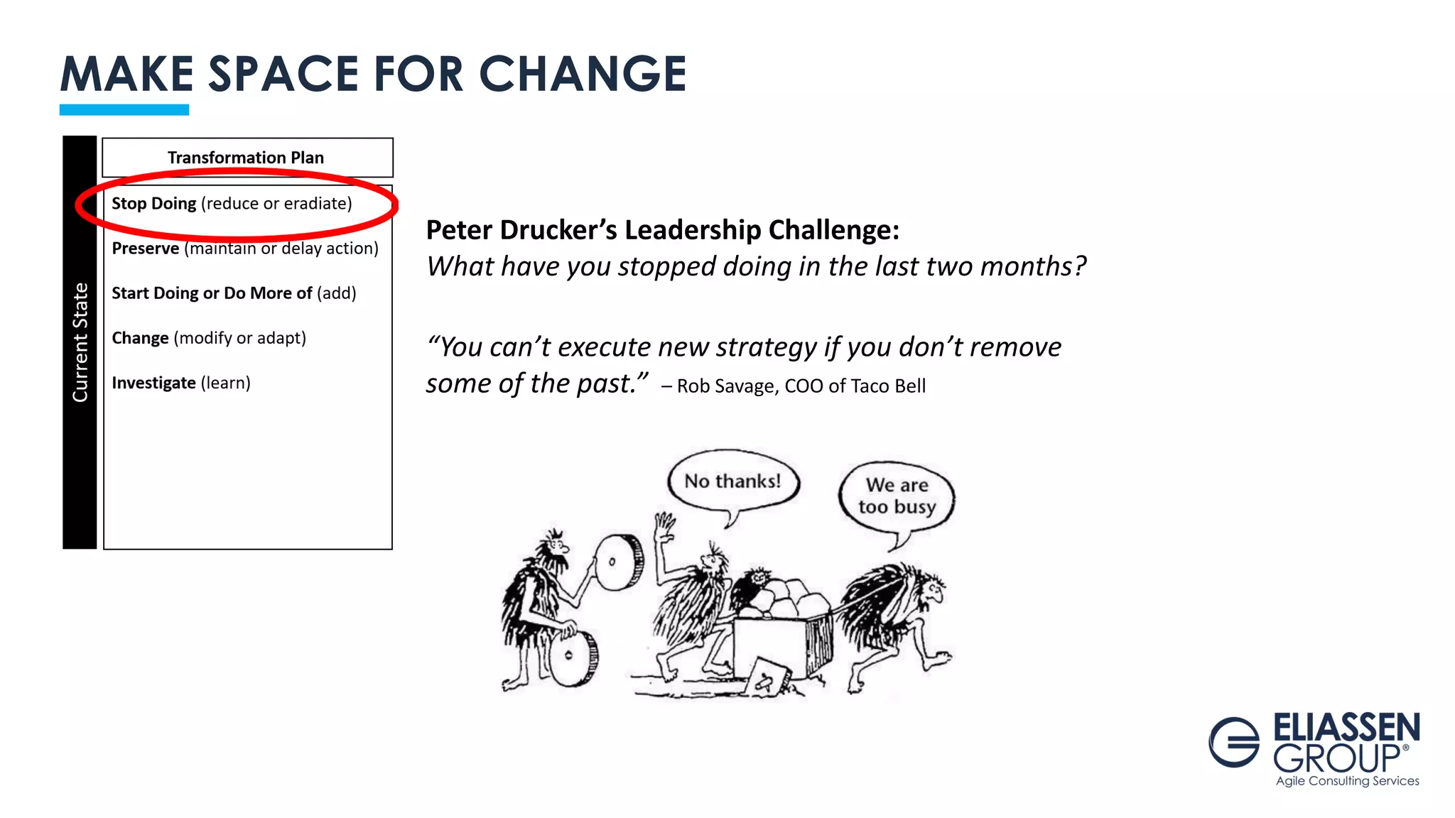 MAKE SPACE FOR CHANGE
Peter Drucker’s Leadership Challenge:
What have you stopped doing in the last two months?
“You can’t execute new strategy if you don’t remove
some of the past.” – Rob Savage, COO of Taco Bell
 