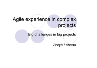 Agile experience in complex
                    projects
      Big challenges in big projects

                     Borys Lebeda
 