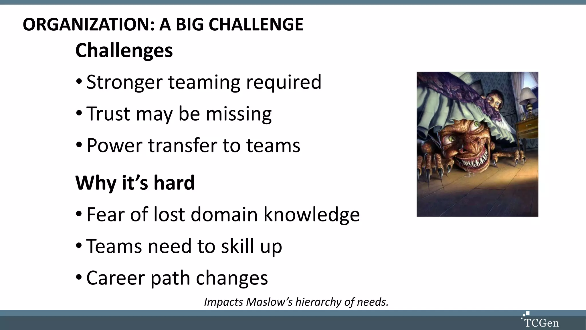 ORGANIZATION: A BIG CHALLENGE
Challenges
• Stronger teaming required
• Trust may be missing
• Power transfer to teams
Impacts Maslow’s hierarchy of needs.
Why it’s hard
• Fear of lost domain knowledge
• Teams need to skill up
• Career path changes
 