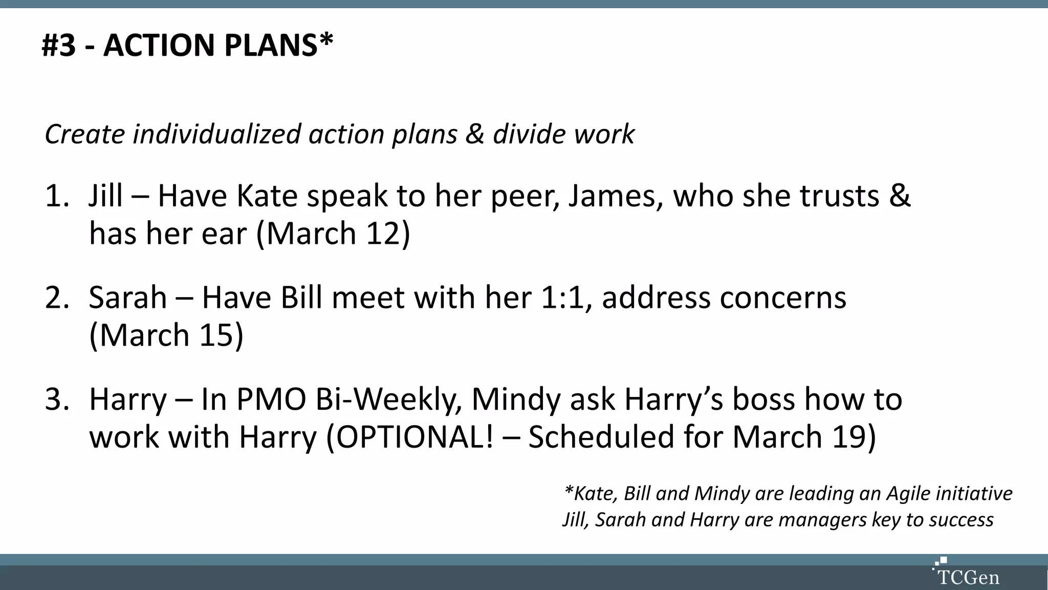 #3 - ACTION PLANS*
Create individualized action plans & divide work
1. Jill – Have Kate speak to her peer, James, who she trusts &
has her ear (March 12)
2. Sarah – Have Bill meet with her 1:1, address concerns
(March 15)
3. Harry – In PMO Bi-Weekly, Mindy ask Harry’s boss how to
work with Harry (OPTIONAL! – Scheduled for March 19)
*Kate, Bill and Mindy are leading an Agile initiative
Jill, Sarah and Harry are managers key to success
 