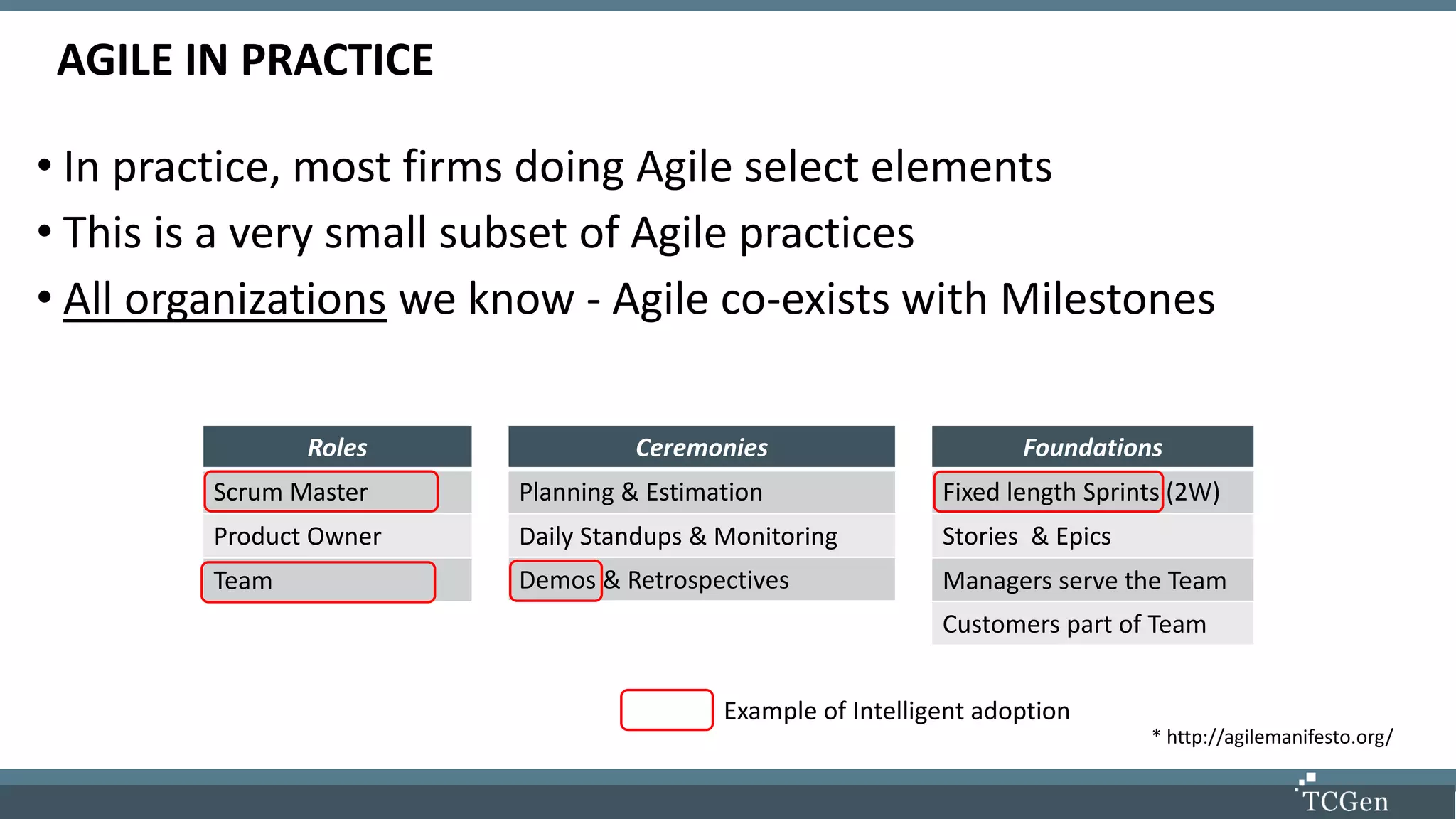 AGILE IN PRACTICE
• In practice, most firms doing Agile select elements
• This is a very small subset of Agile practices
• All organizations we know - Agile co-exists with Milestones
* http://agilemanifesto.org/
Roles
Scrum Master
Product Owner
Team
Ceremonies
Planning & Estimation
Daily Standups & Monitoring
Demos & Retrospectives
Foundations
Fixed length Sprints (2W)
Stories & Epics
Managers serve the Team
Customers part of Team
Example of Intelligent adoption
 