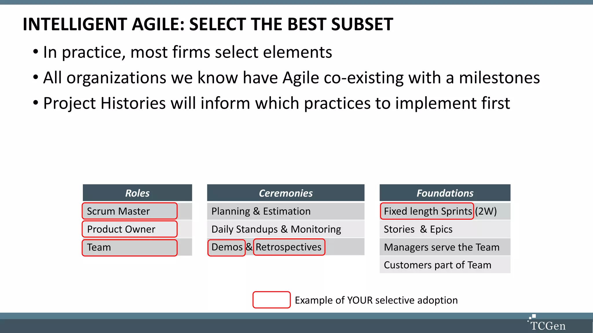 INTELLIGENT AGILE: SELECT THE BEST SUBSET
• In practice, most firms select elements
• All organizations we know have Agile co-existing with a milestones
• Project Histories will inform which practices to implement first
Roles
Scrum Master
Product Owner
Team
Ceremonies
Planning & Estimation
Daily Standups & Monitoring
Demos & Retrospectives
Foundations
Fixed length Sprints (2W)
Stories & Epics
Managers serve the Team
Customers part of Team
Example of YOUR selective adoption
 