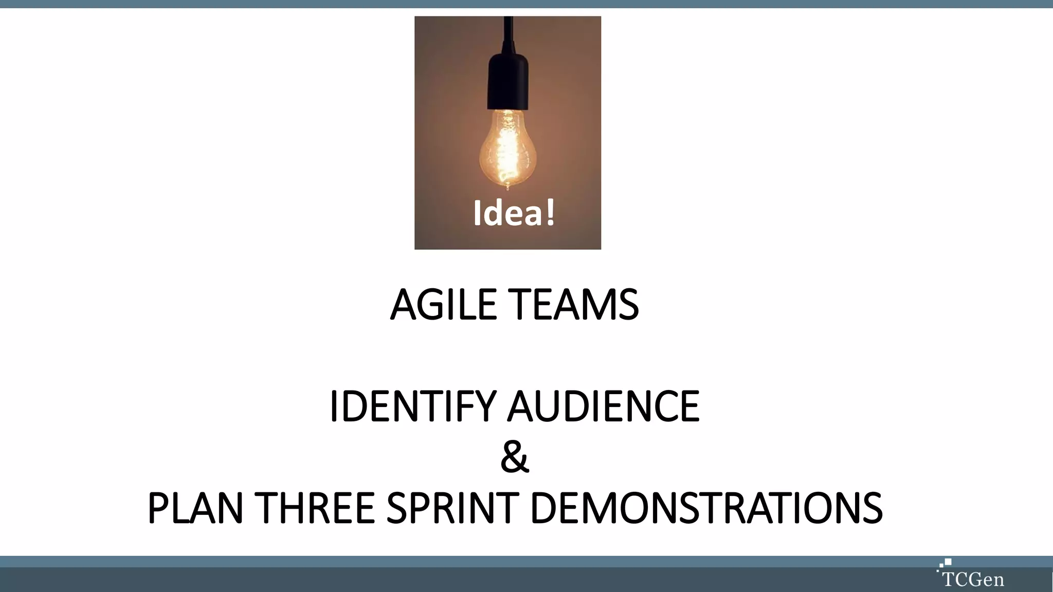 AGILE TEAMS
IDENTIFY AUDIENCE
&
PLAN THREE SPRINT DEMONSTRATIONS
Idea!
 