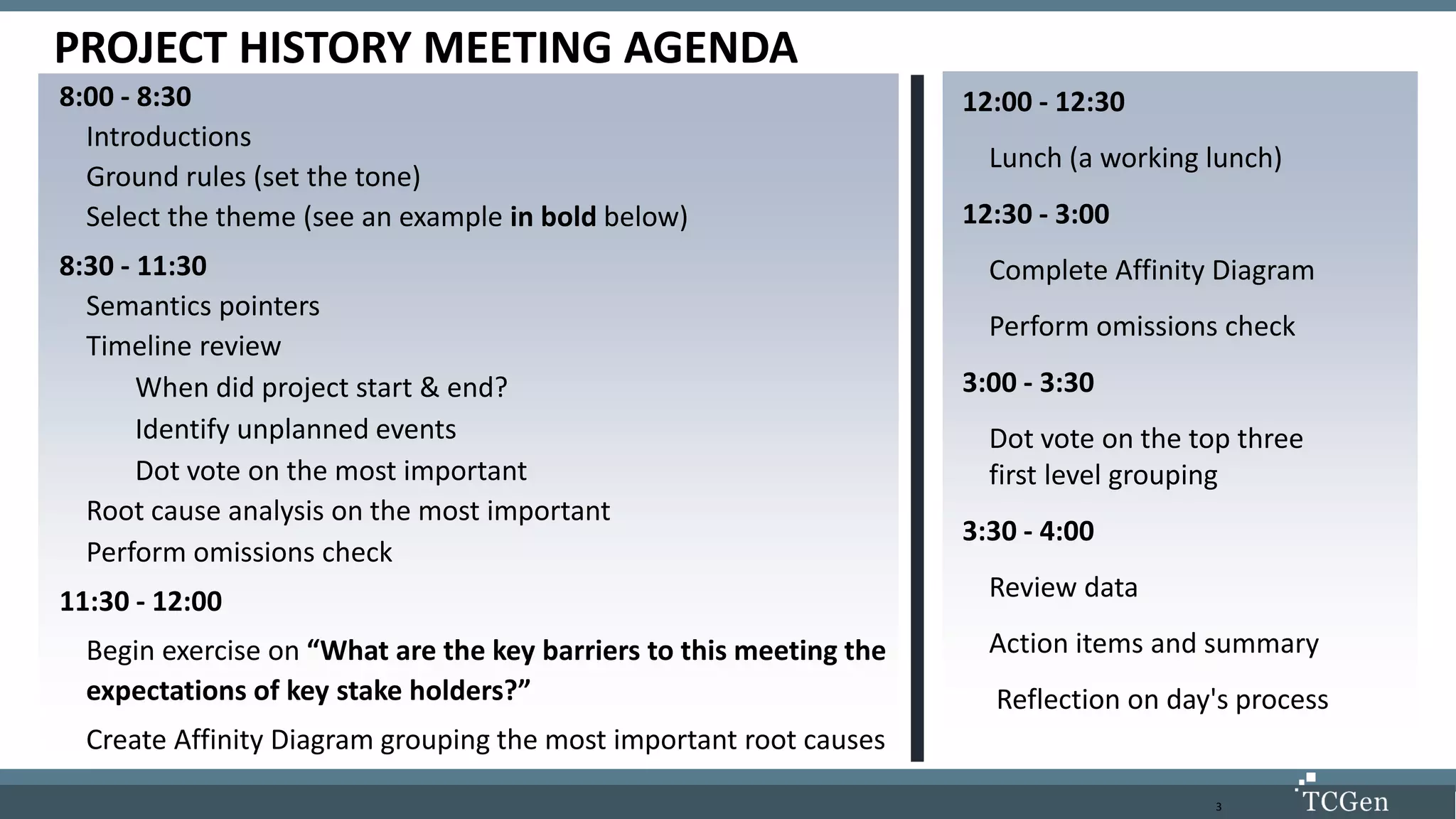 3
PROJECT HISTORY MEETING AGENDA
8:00 - 8:30
Introductions
Ground rules (set the tone)
Select the theme (see an example in bold below)
8:30 - 11:30
Semantics pointers
Timeline review
When did project start & end?
Identify unplanned events
Dot vote on the most important
Root cause analysis on the most important
Perform omissions check
11:30 - 12:00
Begin exercise on “What are the key barriers to this meeting the
expectations of key stake holders?”
Create Affinity Diagram grouping the most important root causes
12:00 - 12:30
Lunch (a working lunch)
12:30 - 3:00
Complete Affinity Diagram
Perform omissions check
3:00 - 3:30
Dot vote on the top three
first level grouping
3:30 - 4:00
Review data
Action items and summary
Reflection on day's process
 