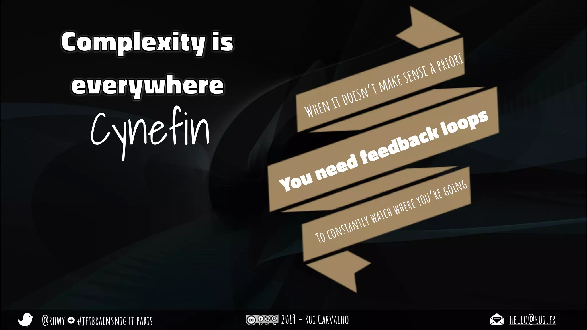 @rhwy #jetbrainsnight paris 2019 - Rui Carvalho hello@rui.fr
Complexity is
everywhere
Cynefin
When it doesn’t make sense a priori
You need feedback loops
To constantly watch where you’re going
 