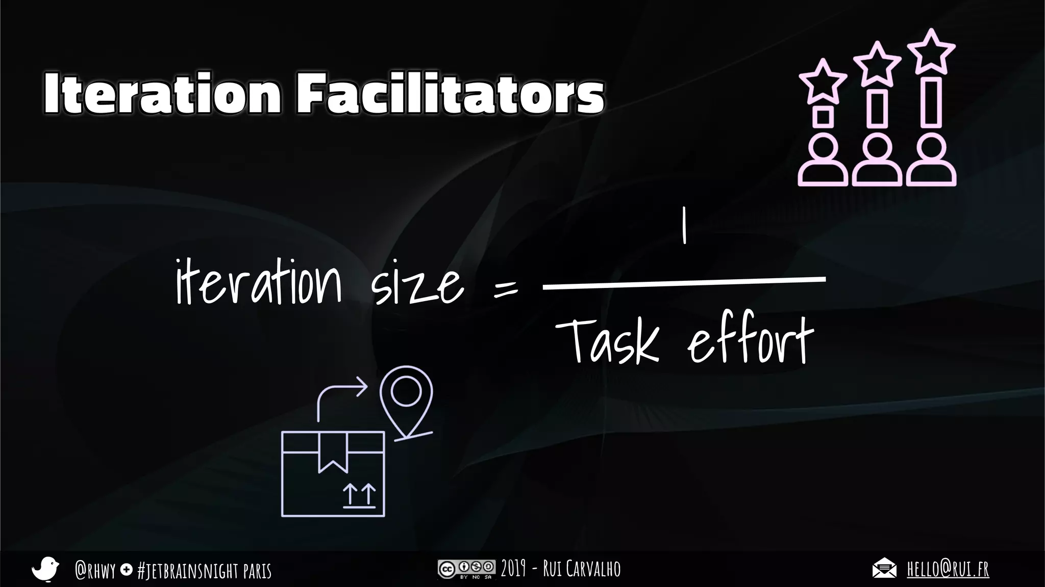 @rhwy #jetbrainsnight paris 2019 - Rui Carvalho hello@rui.fr
Iteration Facilitators
iteration size =
Task effort
1
 