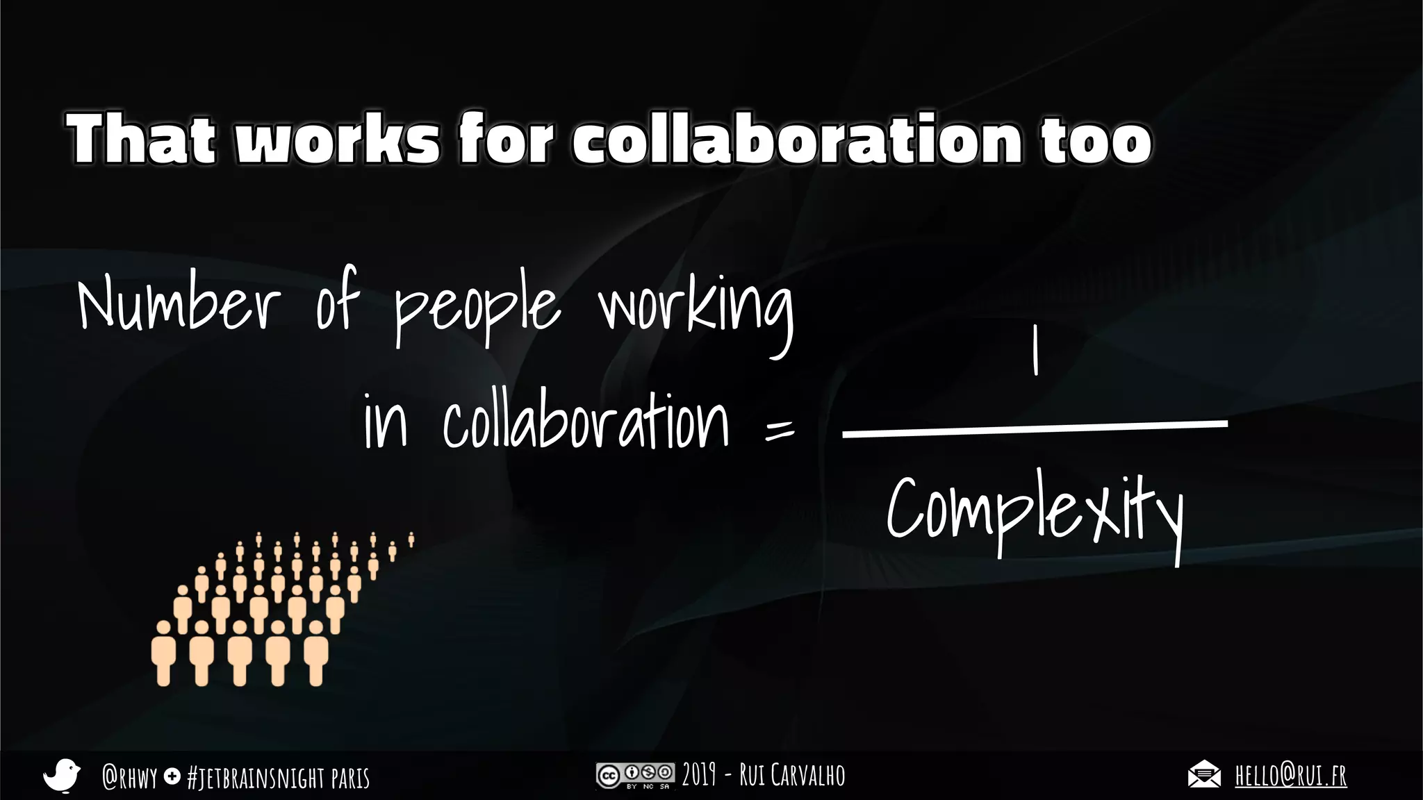 @rhwy #jetbrainsnight paris 2019 - Rui Carvalho hello@rui.fr
That works for collaboration too
Number of people working
in collaboration =
Complexity
1
 