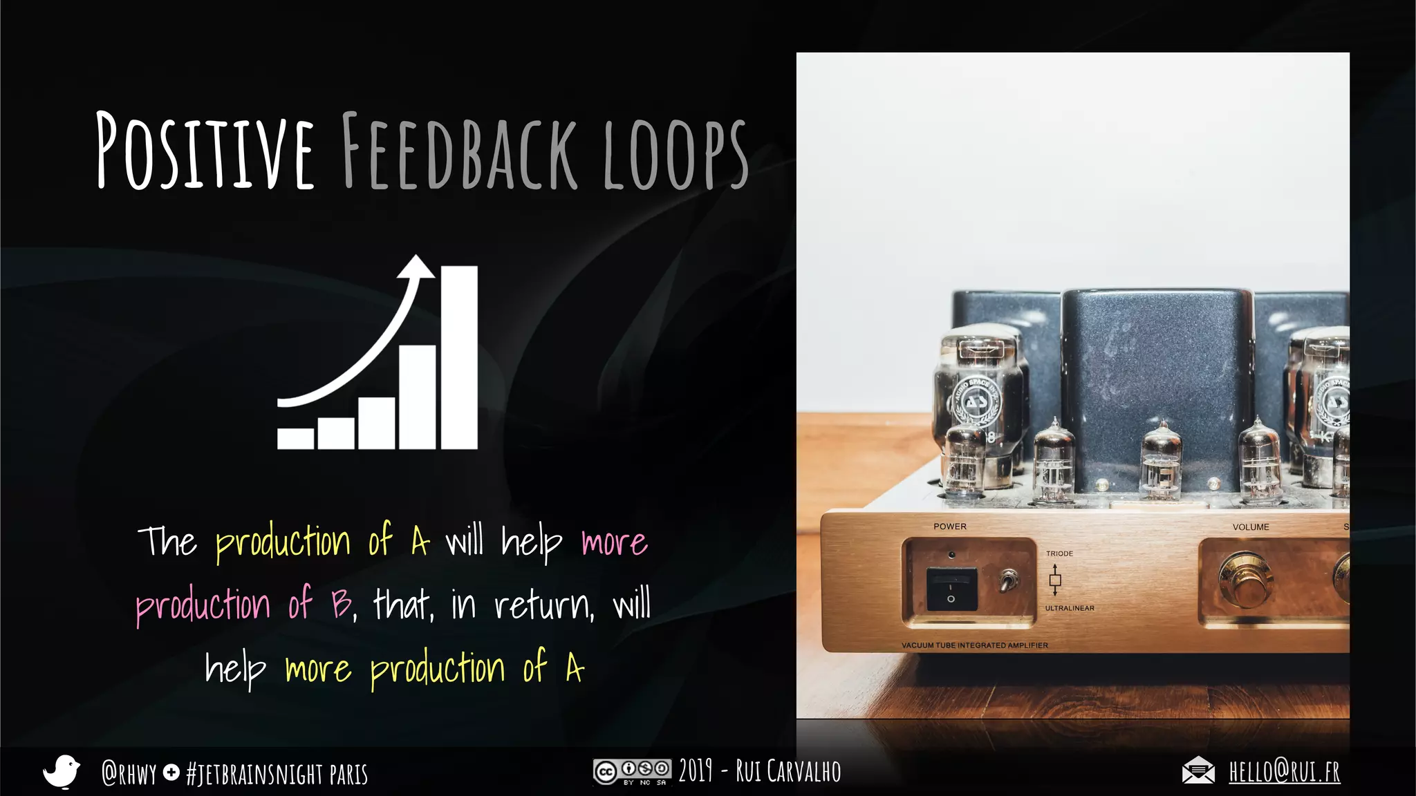 @rhwy #jetbrainsnight paris 2019 - Rui Carvalho hello@rui.fr
Positive Feedback loops
The production of A will help more
production of B, that, in return, will
help more production of A
 
