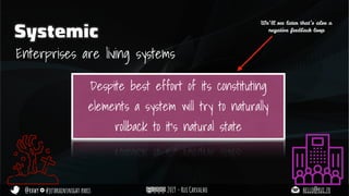 @rhwy #jetbrainsnight paris 2019 - Rui Carvalho hello@rui.fr
Systemic
Enterprises are living systems
Despite best effort of its constituting
elements a system will try to naturally
rollback to it’s natural state
We’ll see later that’s also a
negative feedback loop
 