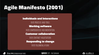 @rhwy #jetbrainsnight paris 2019 - Rui Carvalho hello@rui.fr
Agile Manifesto (2001)
Individuals and interactions
over processes and tools
Working software
over comprehensive documentation
Customer collaboration
over contract negotiation
Responding to change
over following a plan
 