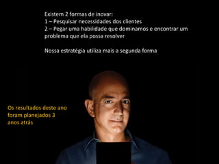 Existem 2 formas de inovar:
1 – Pesquisar necessidades dos clientes
2 – Pegar uma habilidade que dominamos e encontrar um
problema que ela possa resolver
Nossa estratégia utiliza mais a segunda forma
Os resultados deste ano
foram planejados 3
anos atrás
 