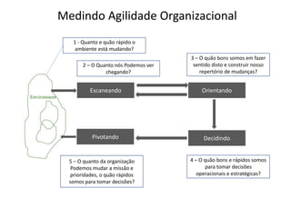 Medindo Agilidade Organizacional
1 - Quanto e quão rápido o
ambiente está mudando?
Escaneando
2 – O Quanto nós Podemos ver
chegando?
Orientando
3 – O quão bons somos em fazer
sentido disto e construir nosso
repertório de mudanças?
Decidindo
4 – O quão bons e rápidos somos
para tomar decisões
operacionais e estratégicas?
Pivotando
5 – O quanto da organização
Podemos mudar a missão e
prioridades, o quão rápidos
somos para tomar decisões?
 