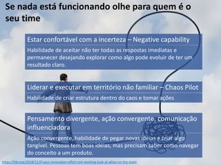 Se nada está funcionando olhe para quem é o
seu time
Estar confortável com a incerteza – Negative capability
Habilidade de aceitar não ter todas as respostas imediatas e
permanecer desejando explorar como algo pode evoluir de ter um
resultado claro.
Liderar e executar em território não familiar – Chaos Pilot
Habilidade de criar estrutura dentro do caos e tomar ações
Pensamento divergente, ação convergente, comunicação
influenciadora
Ação convergente, habilidade de pegar novas ideias e criar algo
tangível. Pessoas tem boas idéias, mas precisam saber como navegar
do conceito a um produto.
https://hbr.org/2018/11/if-your-innovation-effort-isnt-working-look-at-whos-on-the-team
 