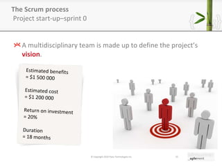 The Scrum process   Project start-up–sprint 0 A multidisciplinary team is made up to define the project ’ s  vision . © Copyright 2010 Pyxis Technologies inc. Estimated benefits = $1 500 000 Estimated cost = $1 200 000 Return on investment = 20% Duration = 18 months 