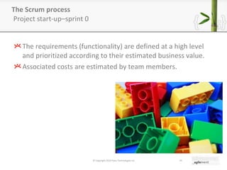 The Scrum process   Project start-up–sprint 0 The requirements (functionality) are defined at a high level and prioritized according to their estimated business value. Associated costs are estimated by team members. © Copyright 2010 Pyxis Technologies inc. 