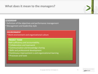 What does it mean to the managers?   © Copyright 2010 Pyxis Technologies inc. LEADERSHIP Definition of the objectives and performance management Management and leadership style  ENVIRONMENT Work environment and organizational culture PROJECT TEAM Self-sufficiency and accountability Collaboration and teamwork Communication and knowledge sharing Skills and professional development Continuous improvement e and organizational learning Processes and tools 
