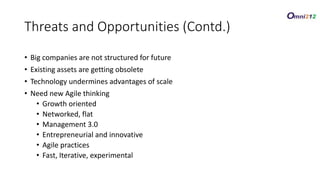 • Big companies are not structured for future
• Existing assets are getting obsolete
• Technology undermines advantages of scale
• Need new Agile thinking
• Growth oriented
• Networked, flat
• Management 3.0
• Entrepreneurial and innovative
• Agile practices
• Fast, Iterative, experimental
Threats/OpportunitiesThreats and Opportunities (Contd.)
 