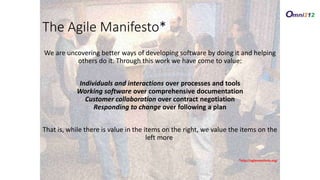 The Agile Manifesto*
We are uncovering better ways of developing software by doing it and helping
others do it. Through this work we have come to value:
Individuals and interactions over processes and tools
Working software over comprehensive documentation
Customer collaboration over contract negotiation
Responding to change over following a plan
That is, while there is value in the items on the right, we value the items on the
left more.
*http://agilemanifesto.org/
 