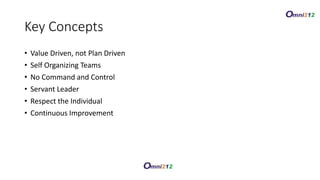 Key Concepts
• Value Driven, not Plan Driven
• Self Organizing Teams
• No Command and Control
• Servant Leader
• Respect the Individual
• Continuous Improvement
 